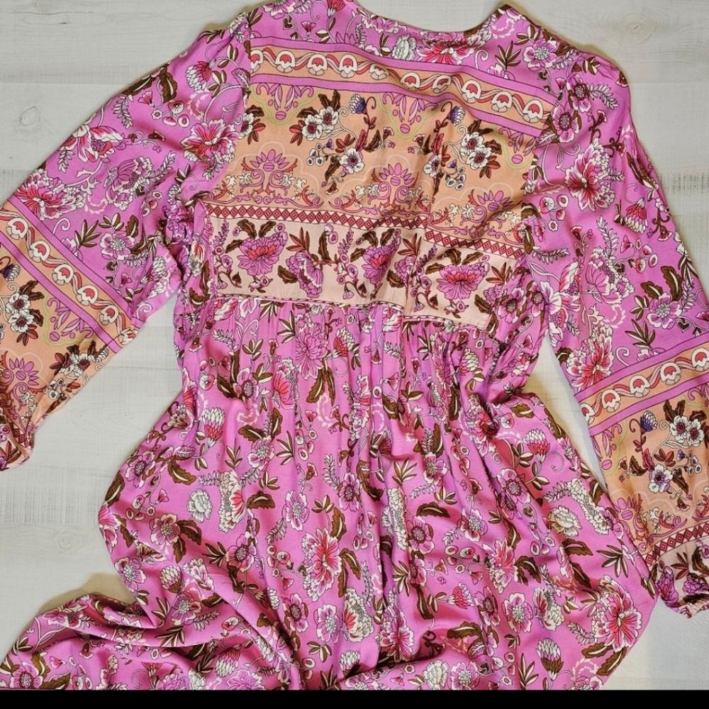 New Boho Cottage Floral Maxi Smock Dress Pink Yellow Tan White Green - Picture 6 of 8